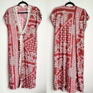 HoneyLee Boho Paisley Print Crochet Lace Open Front With Button Pin Cardigan Top